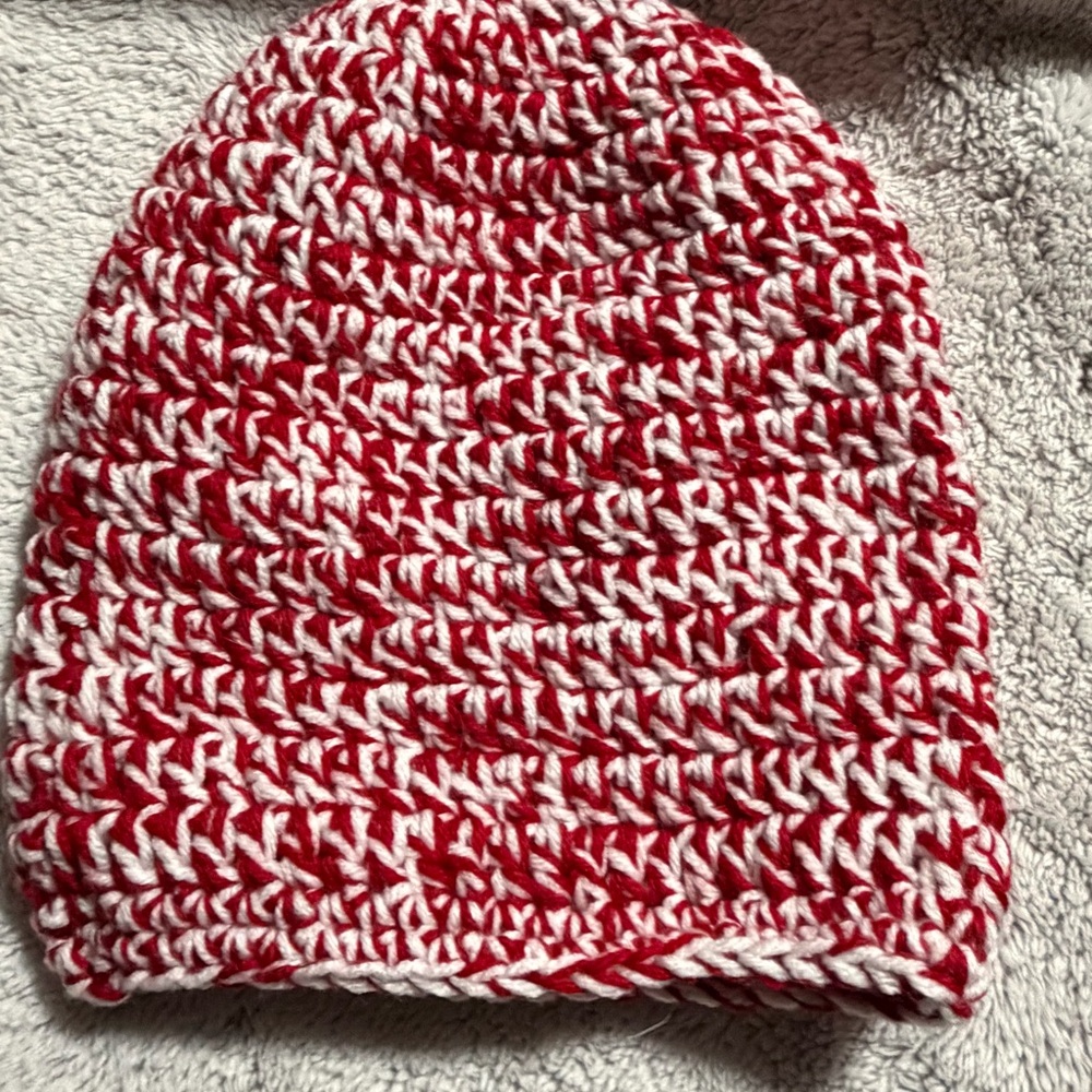 Red and White Knit ponytail Beanie